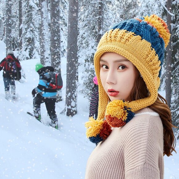 Women Yellow blue Winter Peruvian Cover Ears Beanie Hat Ear Flaps Sherp Ski Snow - Picture 7 of 9